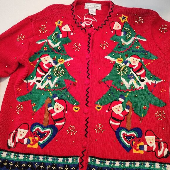 Vtg Parisian Works Christmas Cardigan Santa Christmas Tree Beaded Embellished M - Picture 7 of 12
